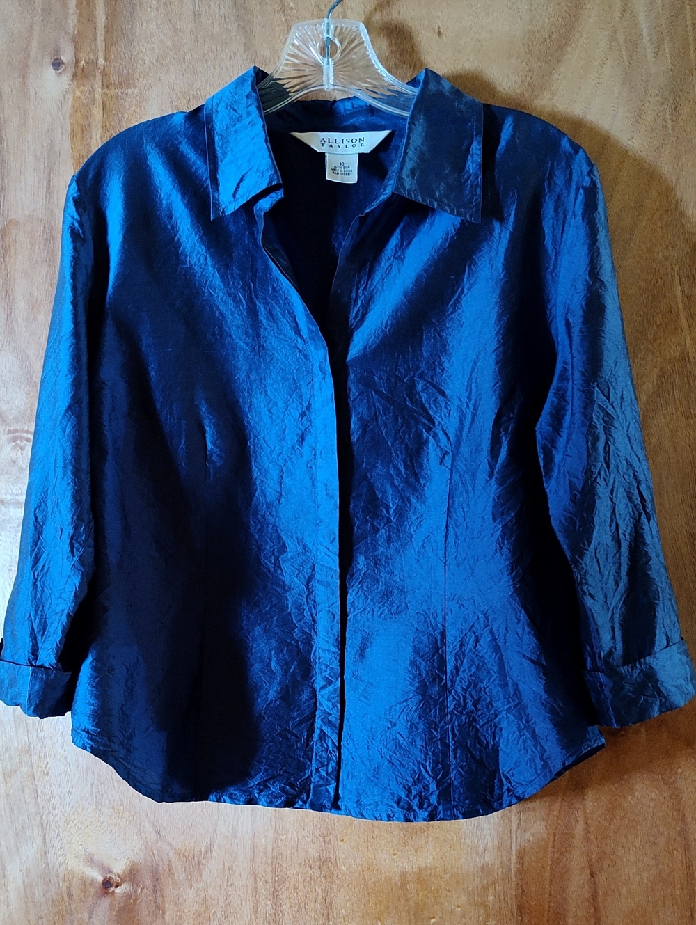 90s Vintage Allison Taylor Shantung Silk Blouse Royal Blue Tailored ¾-Sleeve 10